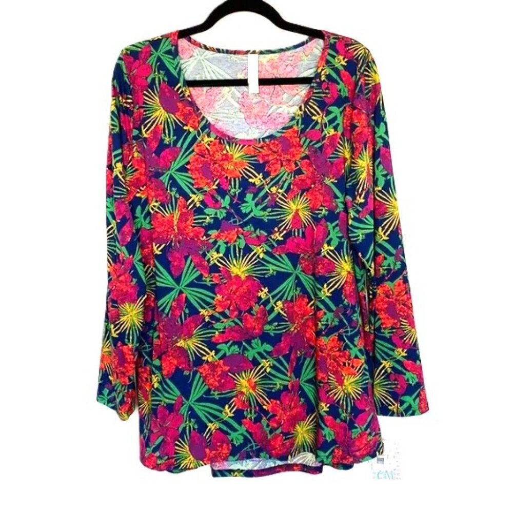 LuLaRoe Lynnae Tunic Top 2XL Multicolored Tropical Hawaiian Floral Long Sleeve